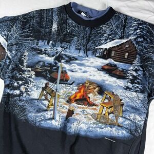 Vintage Art Unlimited Winter Cabin All Over Print Mock Neck Sweatshirt Pockets